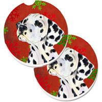 "Caroline's Treasures Dalmatian Red & green Snowflakes Holiday Christmas Set of 2 Cup Holder Car Coasters SS4699CARC, 2.56, Multicolor"