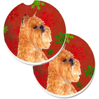 "Caroline's Treasures Brussels Griffon Red & green Snowflakes Holiday Christmas Set of 2 Cup Holder Car Coasters SS4701CARC, 2.56, Multicolor"
