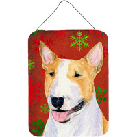 "Caroline's Treasures Bull Terrier Red Snowflakes Holiday Christmas Wall or Door Hanging Prints, 16"" x 12"", Multicolor"
