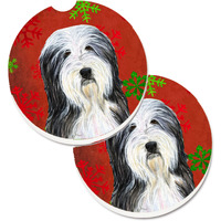 "Caroline's Treasures Bearded Collie Red & green Snowflakes Holiday Christmas Set of 2 Cup Holder Car Coasters SS4704CARC, 2.56, Multicolor"