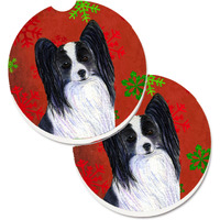 "Caroline's Treasures Papillon Red & green Snowflakes Holiday Christmas Set of 2 Cup Holder Car Coasters SS4712CARC, 2.56, Multicolor"