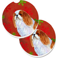 "Caroline's Treasures English Toy Spaniel Red & green Snowflakes Holiday Christmas Set of 2 Cup Holder Car Coasters SS4714CARC, 2.56, Multicolor"