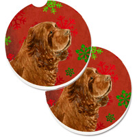 "Caroline's Treasures Sussex Spaniel Red green Snowflake Holiday Christmas Set of 2 Cup Holder Car Coasters SS4717CARC, 2.56, Multicolor"