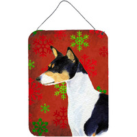 "Caroline's Treasures SS4721DS1216 Basenji Red and Green Snowflakes Holiday Christmas Wall or Door Hanging Prints, 16"" x 12"", Multicolor"