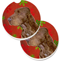 "Caroline's Treasures Field Spaniel Red & green Snowflakes Holiday Christmas Set of 2 Cup Holder Car Coasters SS4732CARC, 2.56, Multicolor"