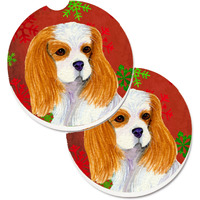 "Caroline's Treasures Cavalier Spaniel Red & green Snowflakes Holiday Christmas Set of 2 Cup Holder Car Coasters SS4734CARC, 2.56, Multicolor"