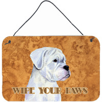 "Caroline's Treasures White Boxer Wipe Your Paws Aluminum Metal Wall or Door Hanging Prints, 8 x 12"""