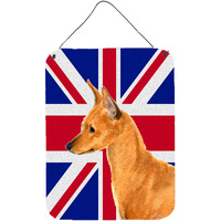 "Caroline's Treasures SS4908DS1216 Min Pin with English Union Jack British Flag Wall or Door Hanging Prints, 16"" x 12"""