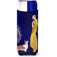 Lady with her Corgi Ultra Beverage Insulators for slim cans SS8546MUK