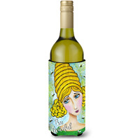 "Caroline's Treasures VHA3008LITERK Bee Grateful Girl With Beehive Wine Bottle Koozie Hugger, 750ml, Multicolor"