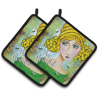 "Caroline's Treasures Bee Grateful Girl with Beehive Pair of Pot Holders VHA3008PTHD, 7.5HX7.5W, Multicolor"