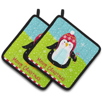 "Caroline's Treasures Merry Christmas Happy Penguin Pair of Pot Holders VHA3015PTHD, 7.5HX7.5W, Multicolor"