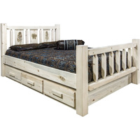 Homestead Collection Full Storage Bed w/ Laser Engraved Pine Design, Clear Lacquer Finish