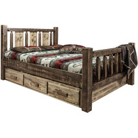 Homestead Collection King Storage Bed w/ Laser Engraved Bear Design, Stain & Clear Lacquer Finish