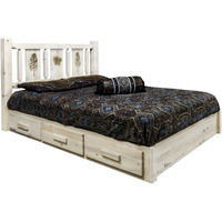 Homestead Collection Platform Bed w/ Storage, Full w/ Laser Engraved Pine Design, Clear Lacquer Finish