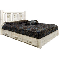 Homestead Collection Platform Bed w/ Storage, Full w/ Laser Engraved Wolf Design, Clear Lacquer Finish