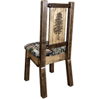 Homestead Collection Side Chair - Woodland Upholstery w/ Laser Engraved Pine Tree Design, Stain & Lacquer Finish