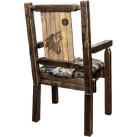 Homestead Collection Captain's Chair, Woodland Upholstery w/ Laser Engraved Wolf Design, Stain & Lacquer Finish