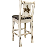 Montana Collection Barstool w/ Back - Woodland Upholstery, w/ Laser Engraved Bronc Design, Ready to Finish