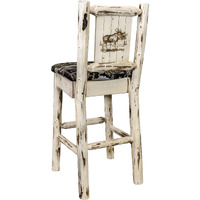 Montana Collection Barstool w/ Back - Woodland Upholstery, w/ Laser Engraved Moose Design, Clear Lacquer Finish
