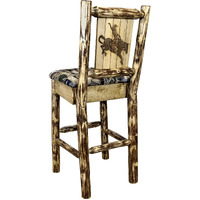 Glacier Country Collection Barstool w/ Back - Woodland Upholstery, w/ Laser Engraved Bronc Design