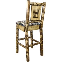 Glacier Country Collection Barstool w/ Back - Woodland Upholstery, w/ Laser Engraved Elk Design