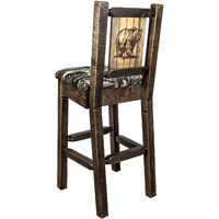 Homestead Collection Barstool w/ Back - Woodland Upholstery, w/ Laser Engraved Bear Design, Stain & Lacquer Finish