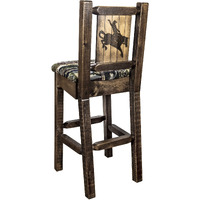 Homestead Collection Barstool w/ Back - Woodland Upholstery, w/ Laser Engraved Bronc Design, Stain & Lacquer Finish