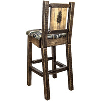 Homestead Collection Barstool w/ Back - Woodland Upholstery, w/ Laser Engraved Pine Tree Design, Stain & Lacquer Finish