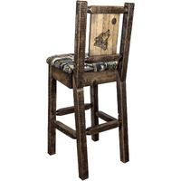 Homestead Collection Barstool w/ Back - Woodland Upholstery, w/ Laser Engraved Wolf Design, Stain & Lacquer Finish