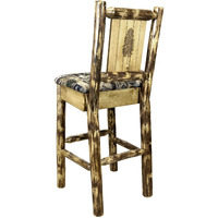 Glacier Country Collection Counter Height Barstool w/ Back - Woodland Upholstery, w/ Laser Engraved Pine Tree Design