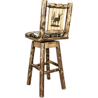 Glacier Country Collection Barstool w/ Back & Swivel, Woodland Pattern Upholstery w/ Laser Engraved Elk Design