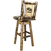 Glacier Country Collection Barstool w/ Back & Swivel, Woodland Pattern Upholstery w/ Laser Engraved Moose Design