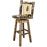 Glacier Country Collection Barstool w/ Back & Swivel, Woodland Pattern Upholstery w/ Laser Engraved Pine Tree Design