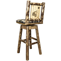 Glacier Country Collection Barstool w/ Back & Swivel, Woodland Pattern Upholstery w/ Laser Engraved Wolf Design