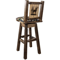 Homestead Collection Barstool w/ Back & Swivel, Woodland Pattern Upholstery w/ Laser Engraved Elk Design