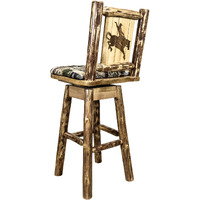 Glacier Country Collection Counter Height Barstool w/ Back & Swivel, Woodland Upholstery w/ Laser Engraved Bronc Design