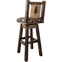 Homestead Collection Counter Height Barstool w/ Back & Swivel, Woodland Upholstery w/ Laser Engraved Pine Tree Design