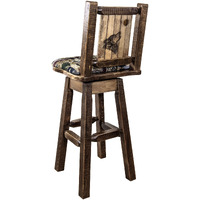 Homestead Collection Counter Height Barstool w/ Back & Swivel, Woodland Upholstery w/ Laser Engraved Wolf Design