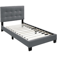Twin Leatherette Bed with Checkered Tufted Headboard, Gray