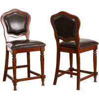 Sunset Trading Bellagio Upholstered Barstools with Backs | Counter Height Dining Chairs | Distressed Cherry Brown Wood | Nailheads | Set of 2