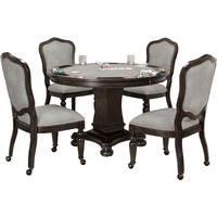 Sunset Trading 5 Piece 48" Round Vegas Dining and Poker Table Set | Reversible Game Top | Gray Wood | Caster Chairs with Nailheads