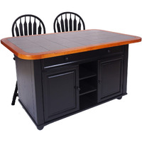 Sunset Trading 3 Piece Antique Black Kitchen Island Set | Gray Tile Top