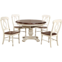 Sunset Trading Andrews 5 Piece 48" Round or 66" Oval Extendable Dining Set| Butterfly Leaf Table | Antique White and Chestnut Brown | Napoleon Chairs | Seats 6