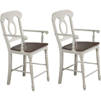 Sunset Trading Andrews Napoleon Barstool with Arms | Antique White with Chestnut Brown Seat | Counter Height Stool| Set of 2