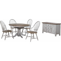 Sunset Trading Country Grove 42" Round to 60" Oval Extendable Dining Table Set | 2 Arm Chairs | Buffet | Distressed Gray and Brown Wood | Seats 6