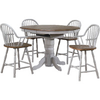 Sunset Trading Country Grove 5 Piece 42" Round to 60" Oval Extendable Pub Table Set | 4 Barstools with Arms | Counter Height Dining | Distressed Gray and Brown Wood | Seats 6