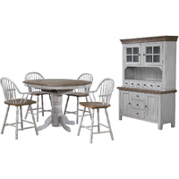 Sunset Trading Country Grove 6 Piece 42" Round to 60" Oval Extendable Pub Table Set | 4 Barstools with Arms | Counter Height Dining | Lighted China Cabinet | Distressed Gray and Brown Wood | Seats 6