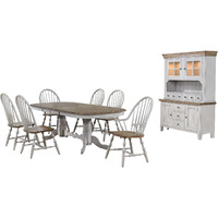 Sunset Trading Country Grove 8 Piece 96" Oval Double Pedestal Extendable Dining Table Set | 2 Arm Chairs | Lighted China Cabinet | Distressed Gray and Brown Wood | Seats 10