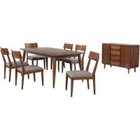 Sunset Trading Mid Century 8 Piece 78" Rectangular Dining Table Set | Padded Performance Fabric Seats | Server | Seats 6